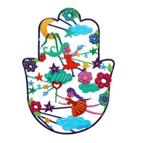 Yair Emanuel Hand Painted Wall Hamsa Enamel Finish, Medium - Colorful Fairies
