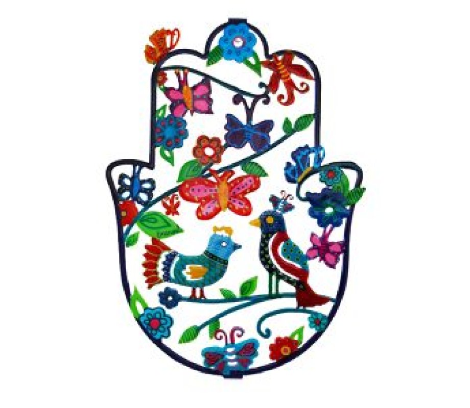 Yair Emanuel Hand Painted Wall Hamsa, Large – Birds, Butterflies and Flowers