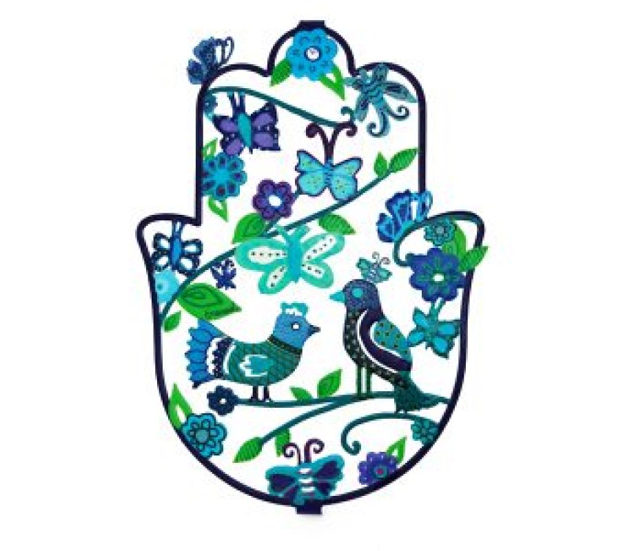 Yair Emanuel Hand Painted Wall Hamsa, Large – Blue Birds, Pastoral Scene