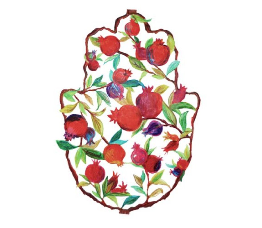 Yair Emanuel Hand Painted Wall Hamsa, Large - Pencil Drawing Red Pomegranates