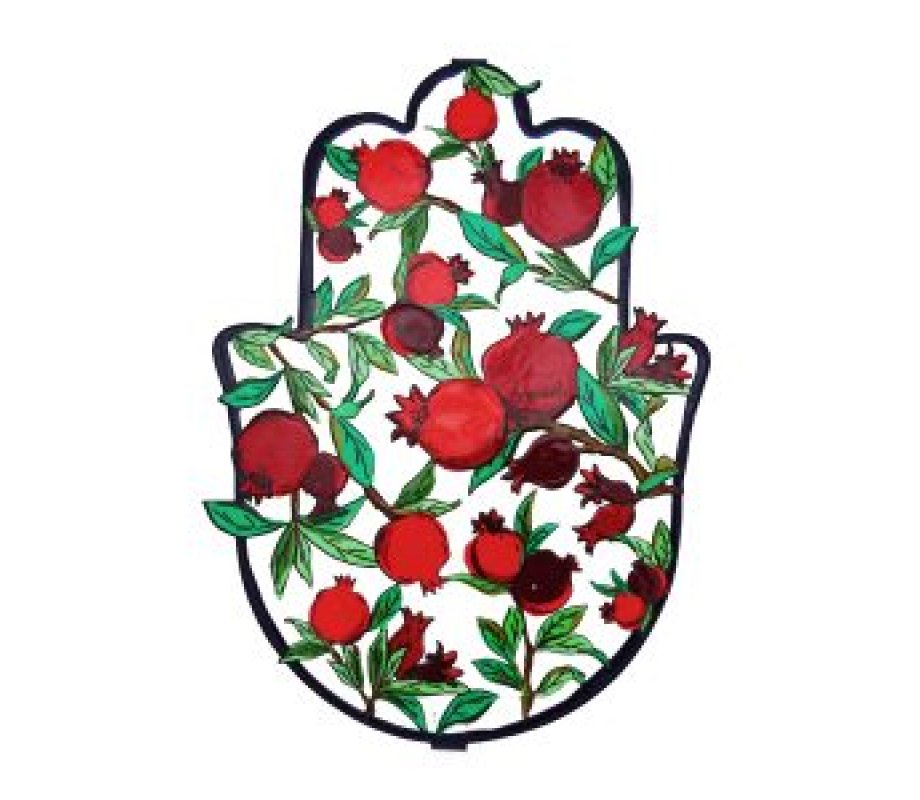Yair Emanuel Hand Painted Wall Hamsa, Large - Red Pomegranates