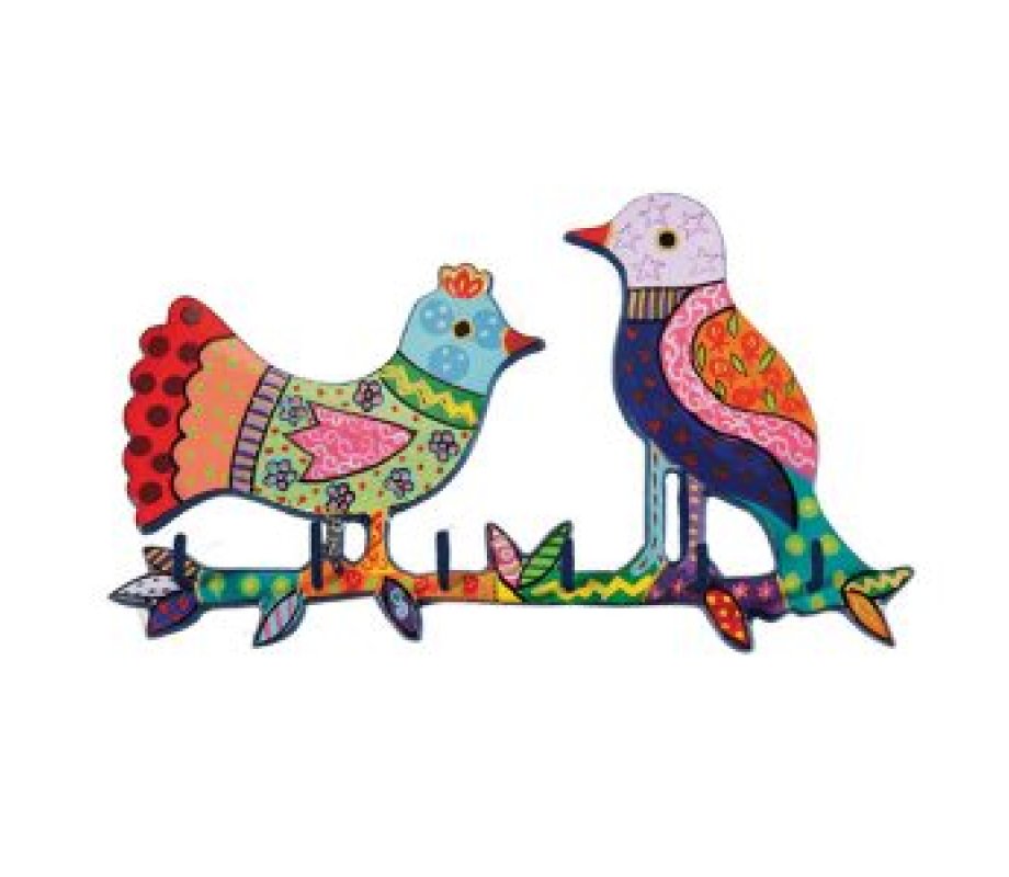 Yair Emanuel Hand Painted Wall Hanging with Key Holder - Colorful Birds
