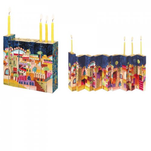 Yair Emanuel Hand Painted Wood Accordion Hanukkah Menorah - Jerusalem Images