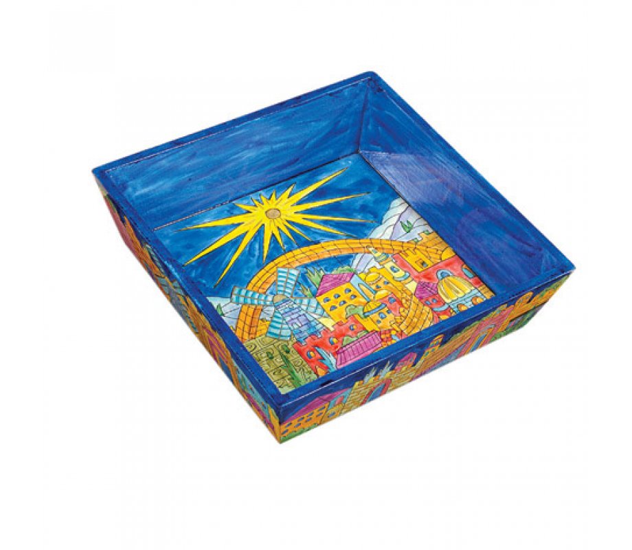 Yair Emanuel Hand Painted Wood Blue Matzah Tray - Golden Jerusalem