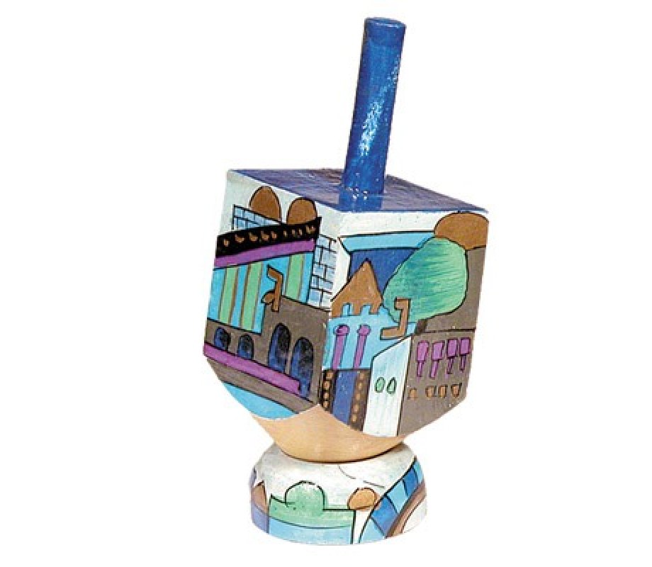 Yair Emanuel Hand Painted Wood Dreidel on Stand Blue Small - Jerusalem Images
