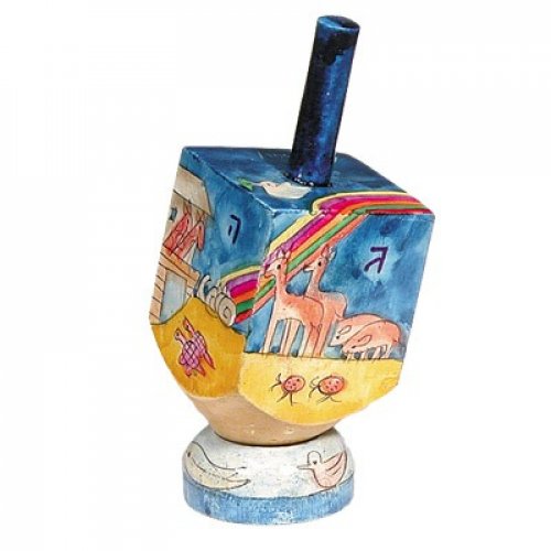 Yair Emanuel Hand Painted Wood Dreidel on Stand Small - Noah's Ark Images