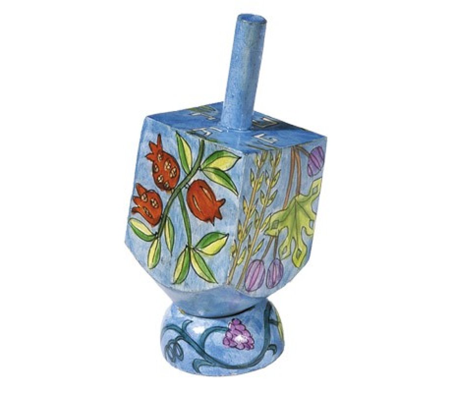 Yair Emanuel Hand Painted Wood Dreidel with Stand Blue Small - Seven Species