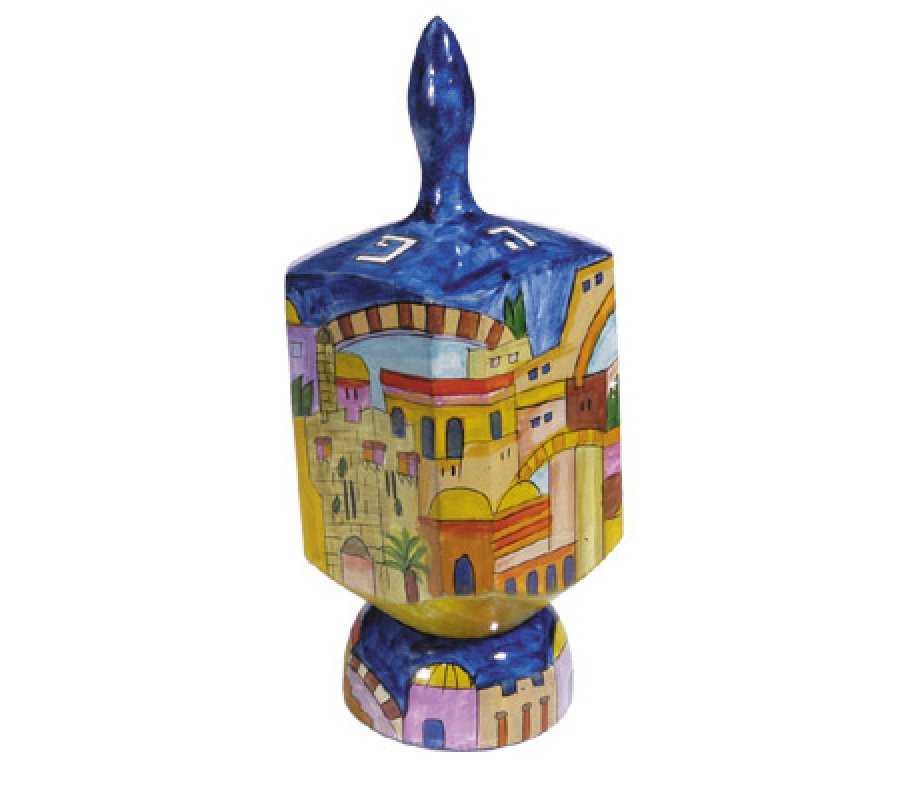 Yair Emanuel Hand Painted Wood Dreidel with Stand, Large - Jerusalem Design