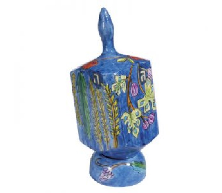 Yair Emanuel Hand Painted Wood Dreidel with Stand, Large - Seven Species