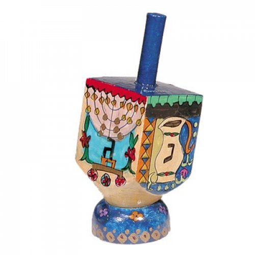 Yair Emanuel Hand Painted Wood Dreidel with Stand Small - Chanukah Images