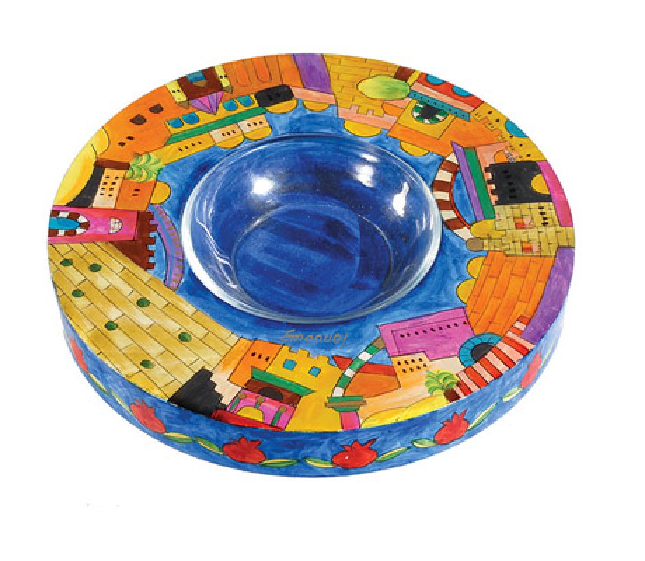 Yair Emanuel Hand Painted Wood Honey Dish - Jerusalem