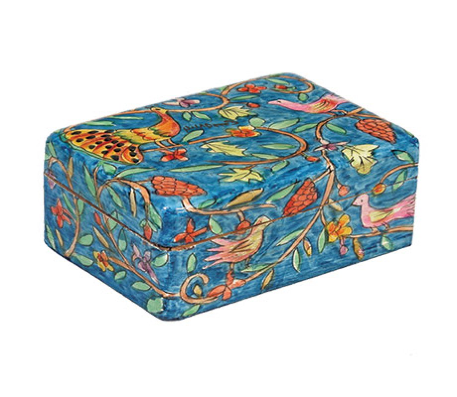 Yair Emanuel Hand Painted Wood Jewelry Box - Oriental Forest Scene on Blue
