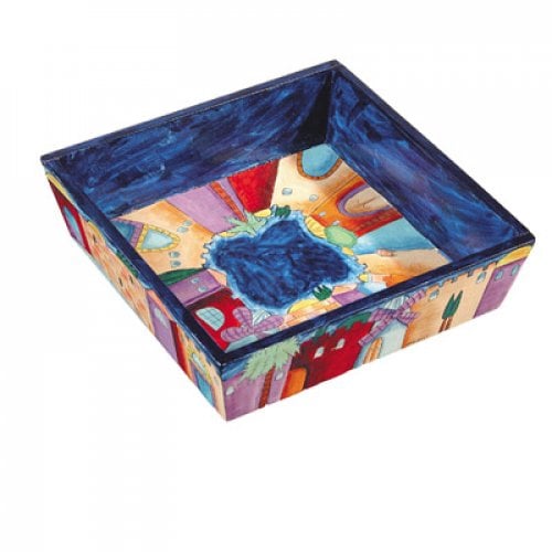 Yair Emanuel Hand Painted Wood Matzah Tray  Jerusalem Night Views