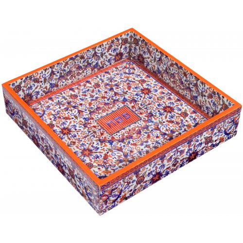 Yair Emanuel Hand Painted Wood Matzah Tray Floral - Orange and Blue