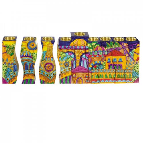 Yair Emanuel Hand Painted Wood Puzzle Hanukkah Menorah - Golden Jerusalem