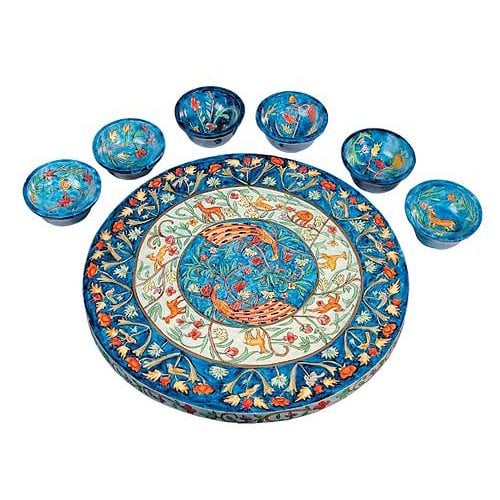 Yair Emanuel Hand Painted Wood Seder Plate with Bowls - Forest Scenes