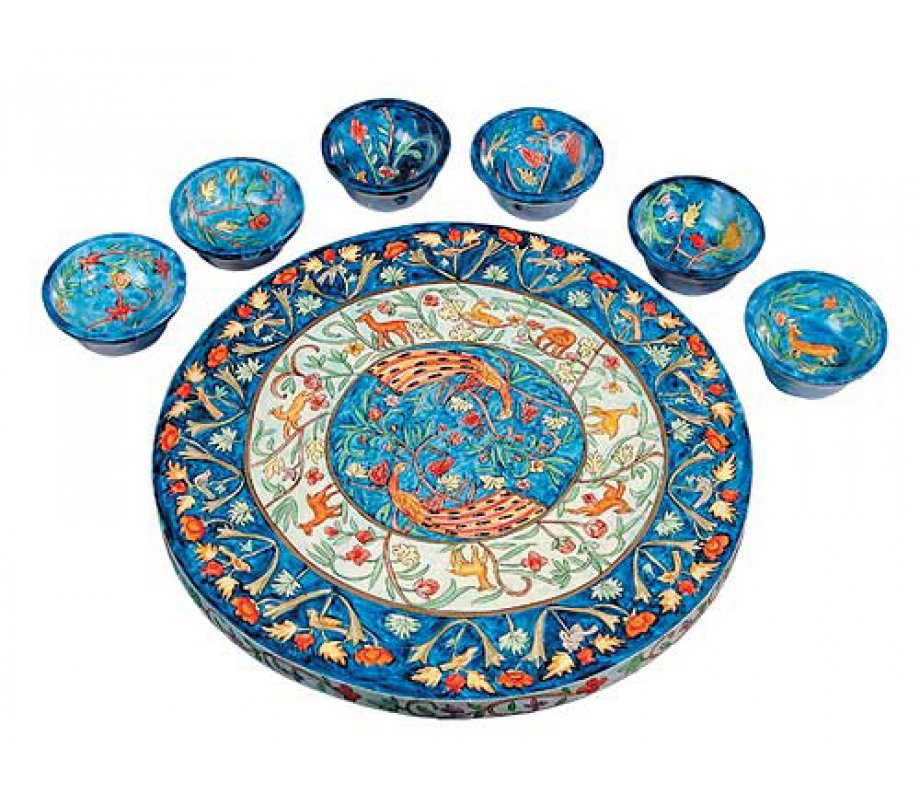 Yair Emanuel Hand Painted Wood Seder Plate with Bowls - Forest Scenes