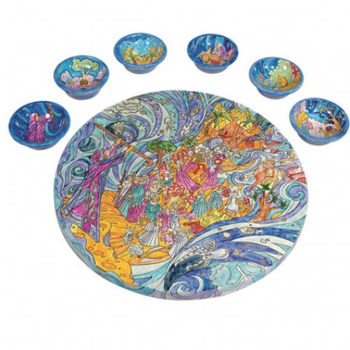 Yair Emanuel Hand Painted Wood Seder Plate with Six Bowls - Crossing the Red Sea