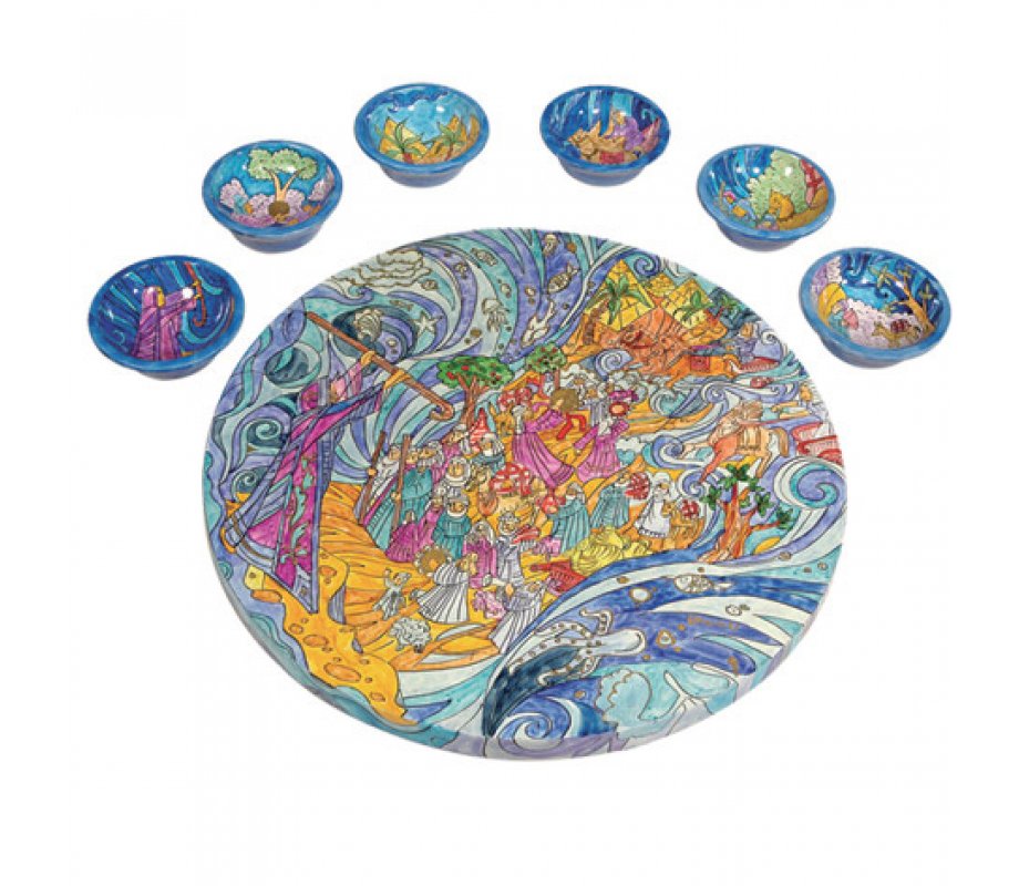 Yair Emanuel Hand Painted Wood Seder Plate with Six Bowls - Crossing the Red Sea