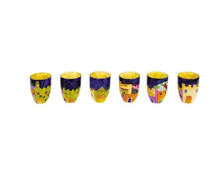 Yair Emanuel Hand Painted Wood Small Kiddush Cups Set, 6 Cups - Jerusalem