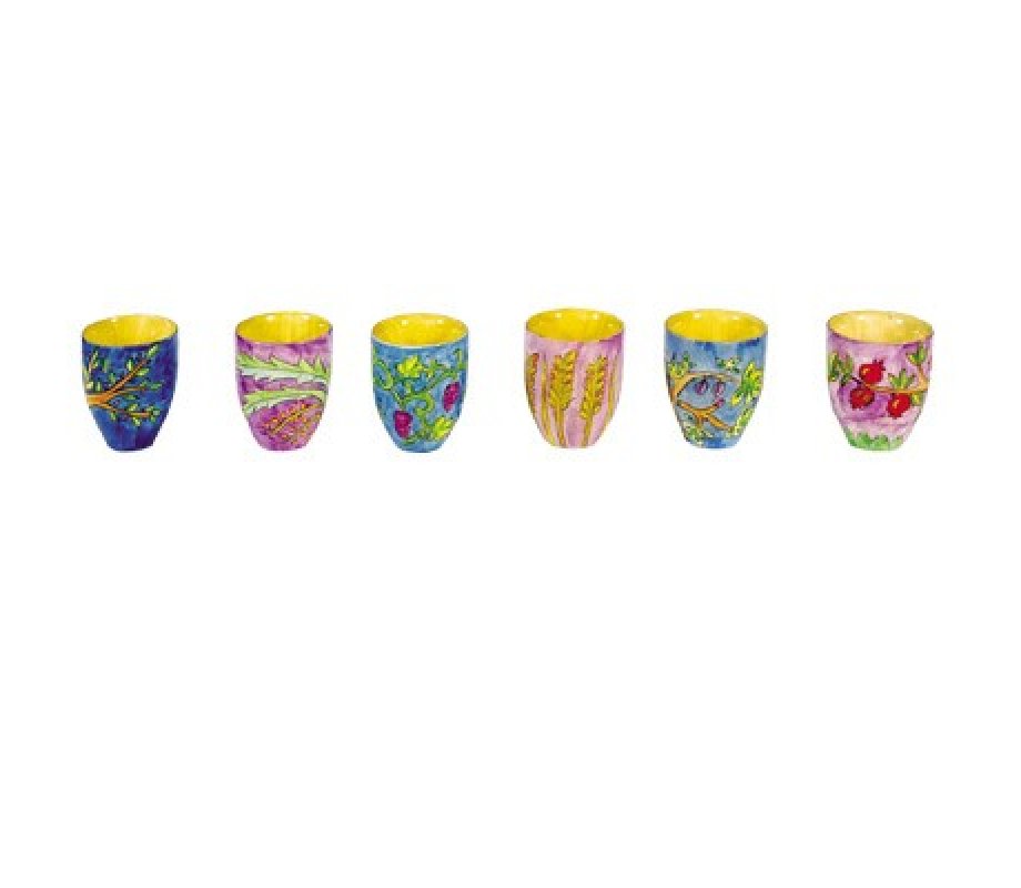 Yair Emanuel Hand Painted Wood Small Kiddush Cups Set, 6 Cups - Seven Species