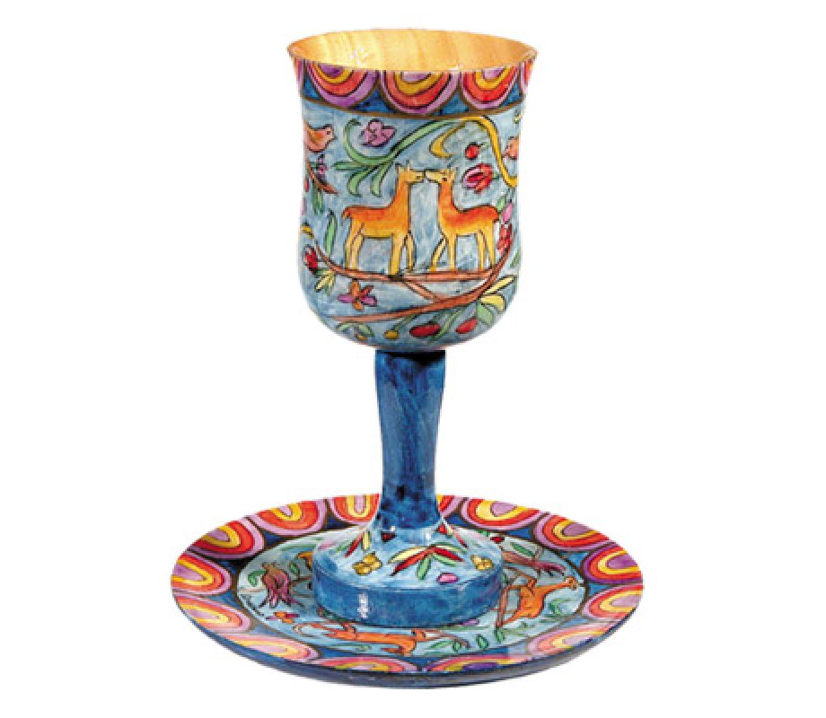 Yair Emanuel Hand Painted Wood Stem Kiddush Cup and Plate - Oriental Forest