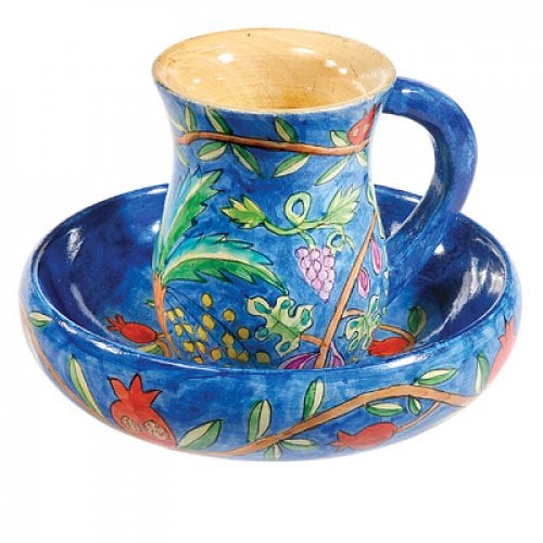 Yair Emanuel Hand Painted Wood Two-Piece Mayim Achronim Set - Seven Species