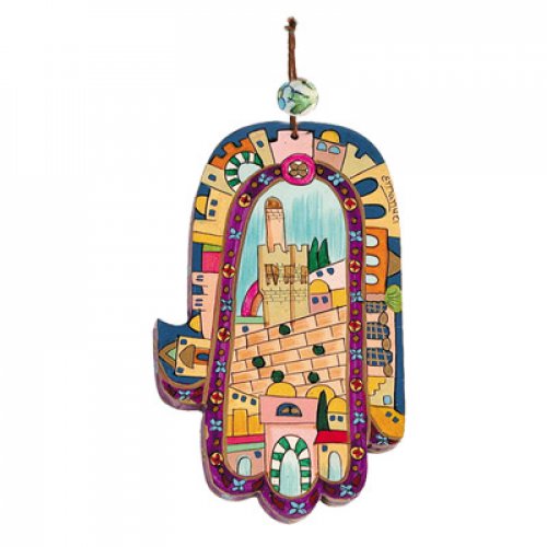 Yair Emanuel Hand Painted Wood Wall Hamsa - Colorful Jerusalem