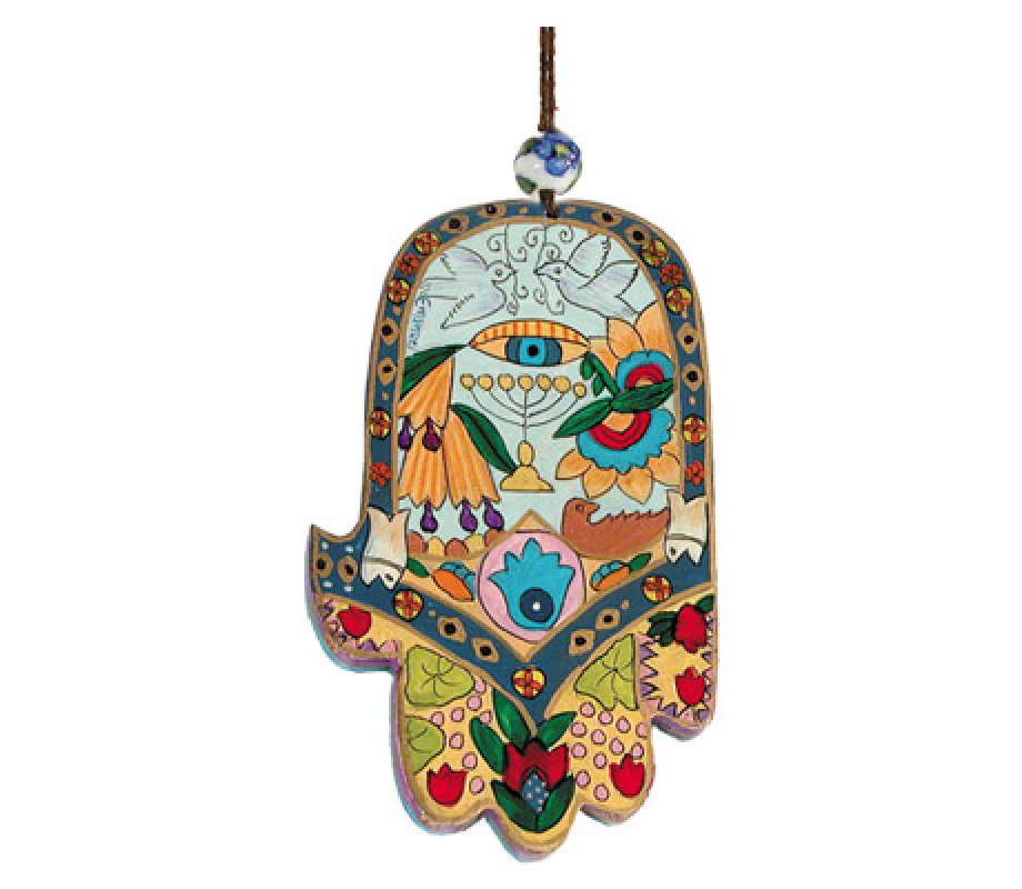 Yair Emanuel Hand Painted Wood Wall Hamsa - Colorful Motifs
