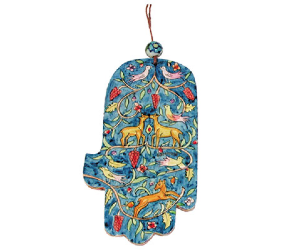 Yair Emanuel Hand Painted Wood Wall Hamsa, Blue - Pastoral Scene