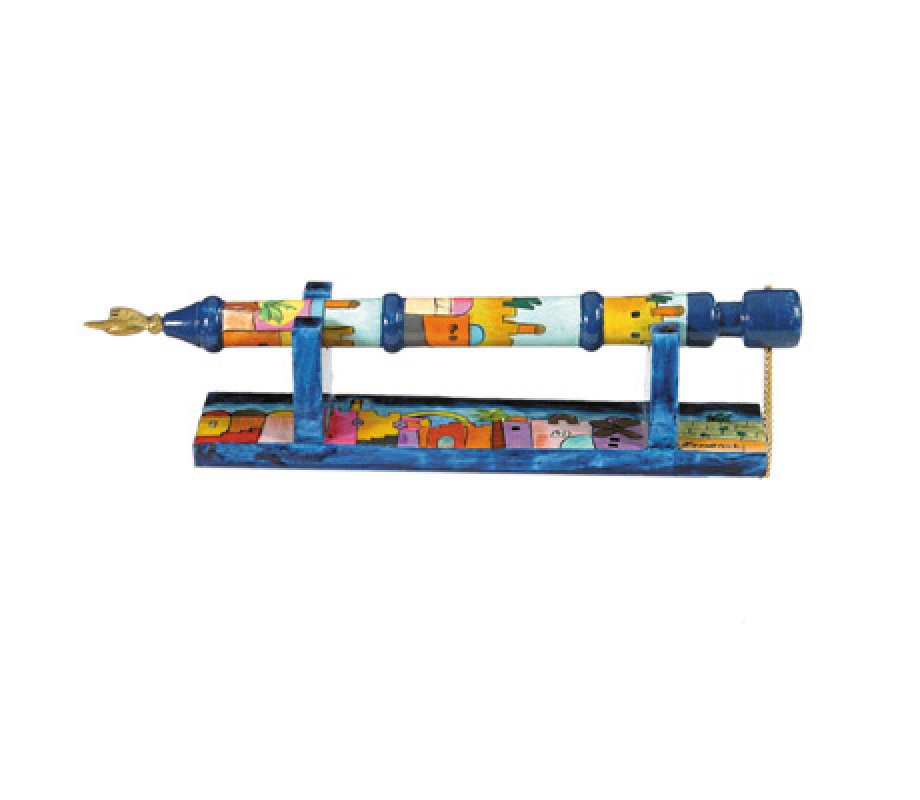Yair Emanuel Hand Painted Wood Yad Torah Pointer on Stand - Jerusalem Images
