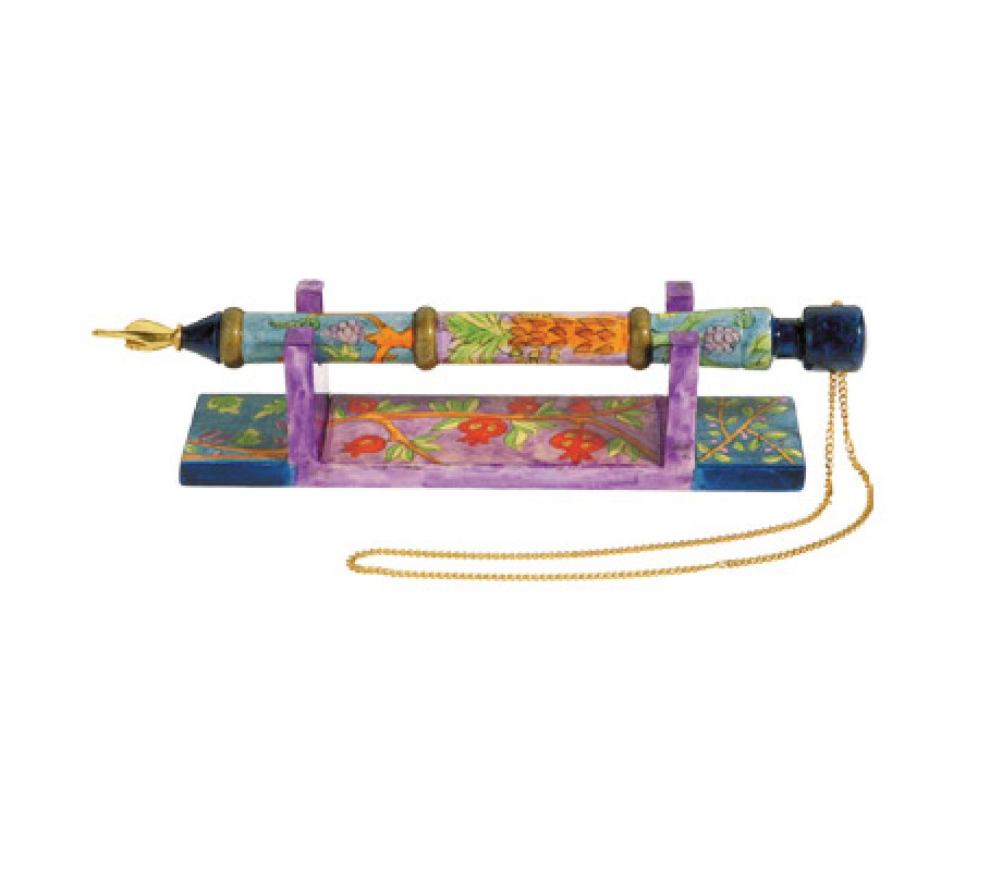 Yair Emanuel Hand Painted Wood Yad Torah Pointer on Stand - Seven Species
