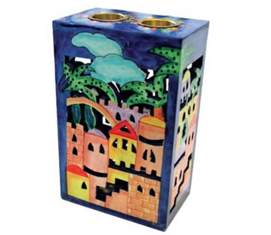 Yair Emanuel Hand Painted Woodcut Shabbat Candlesticks - Jerusalem