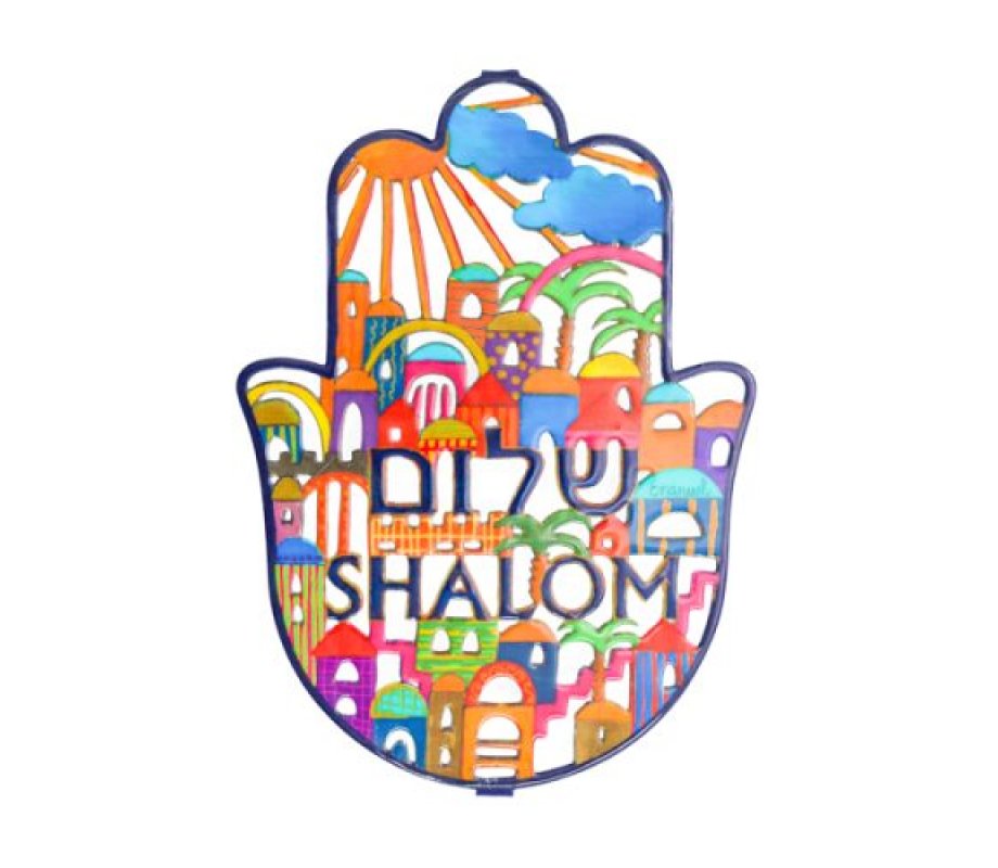 Yair Emanuel Hand Painted large Wall Hamsa, Jerusalem - Shalom Hebrew & English