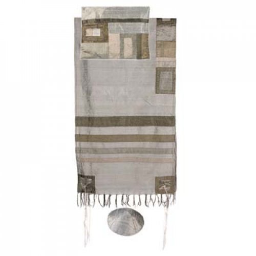 Yair Emanuel Hand Woven Silk Tallit Set, Gray - Appliqued Stripes