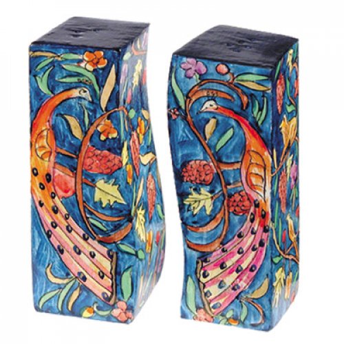 Yair Emanuel Hand-Painted Peacock Design Wood Fitted Salt & Pepper Shaker