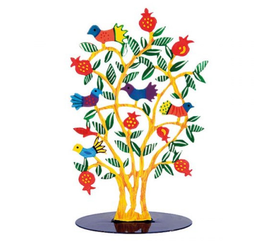 Yair Emanuel Hand-Painted Standing Sculpture - Gold Tree, Pomegranates and Birds