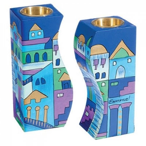 Yair Emanuel Hand-Painted Wood Fitted Candlesticks, Blue - Jerusalem Views
