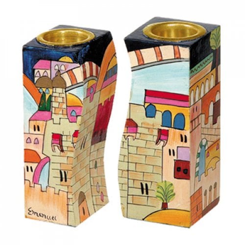 Yair Emanuel Hand-Painted Wood Fitted Candlesticks, Colorful - Jerusalem Views