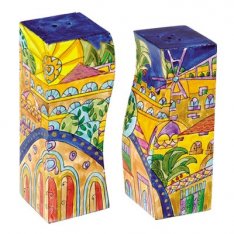 Yair Emanuel Hand-Painted Wood Fitted Salt & Pepper Shaker - Jerusalem