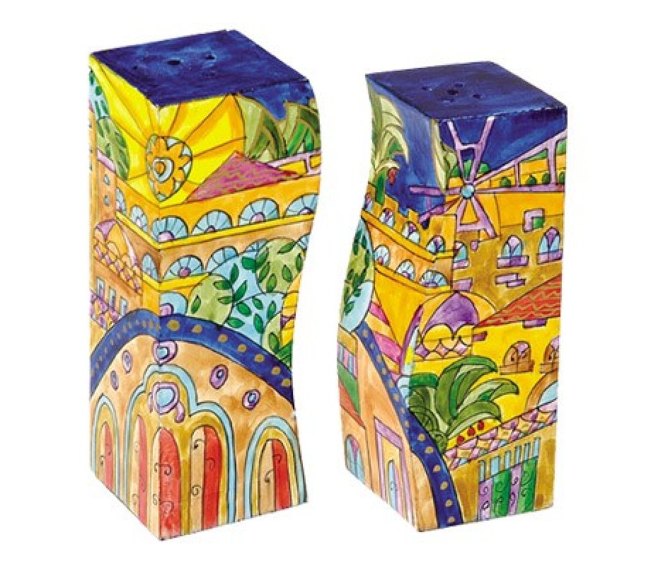 Yair Emanuel Hand-Painted Wood Fitted Salt & Pepper Shaker - Jerusalem