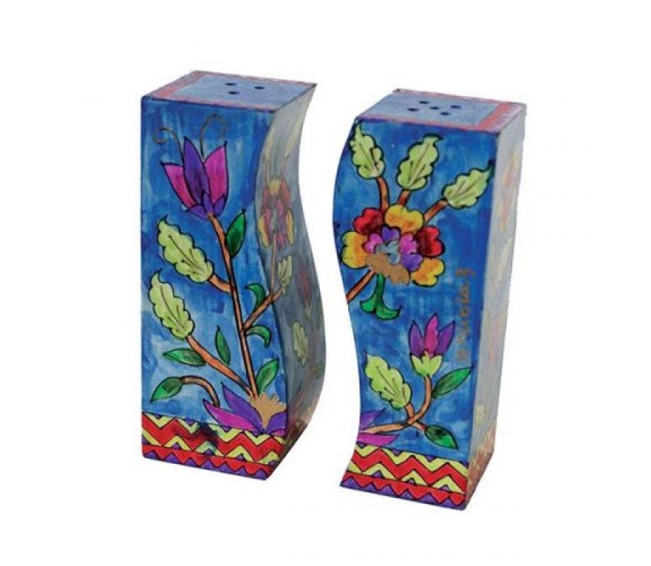 Yair Emanuel Hand-Painted Wood Fitted Salt & Pepper Shaker - Lively Flowers