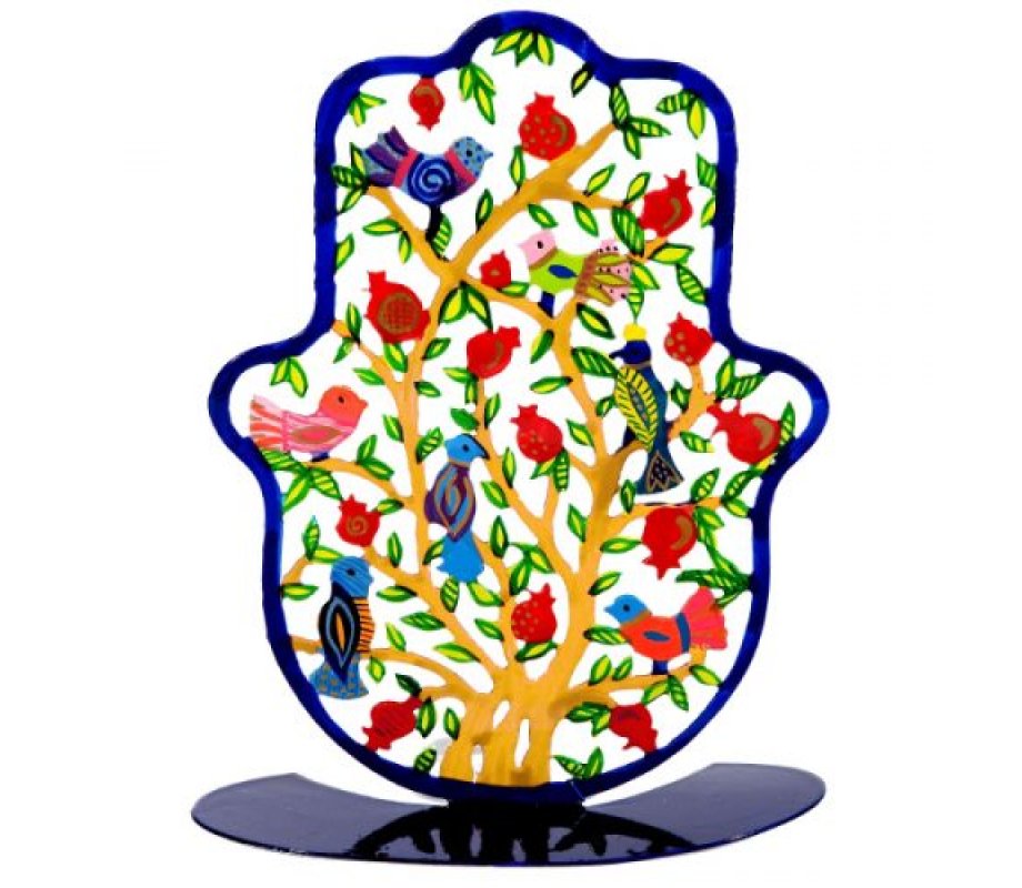 Yair Emanuel Hand-painted Hamsa on Stand - Gold Tree of Life with Pomegranates
