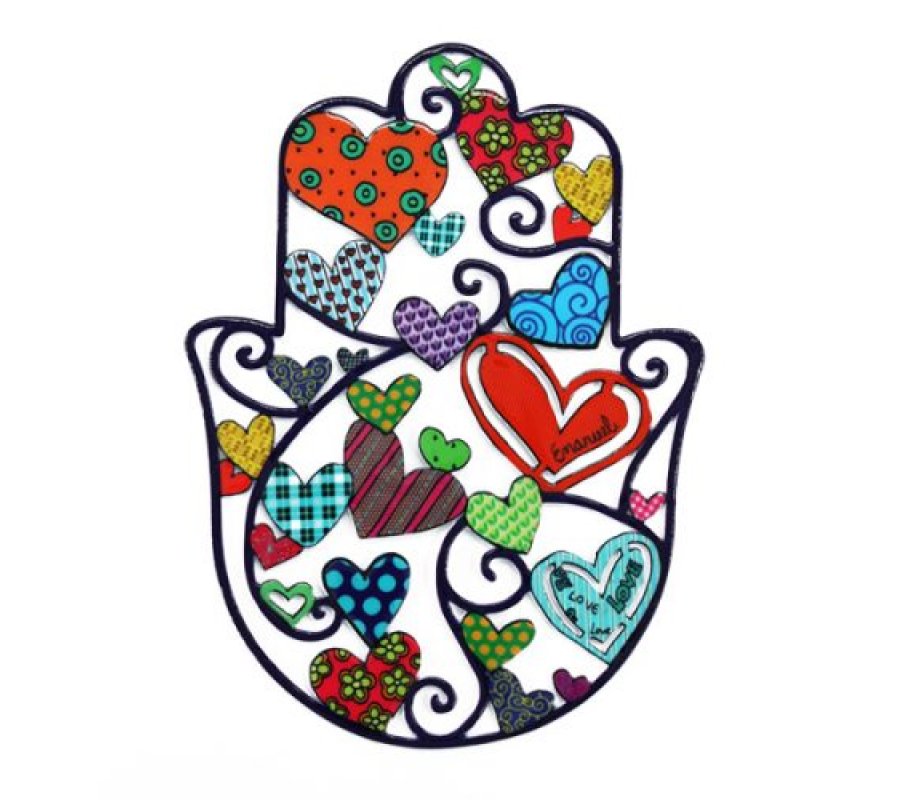 Yair Emanuel Handpainted Medium Wall Hamsa, Enamel Finish – Colorful Hearts