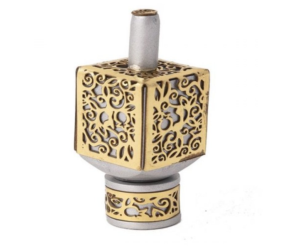 Yair Emanuel Hanukkah Dreidel and Stand, Cutout Pomegranates - Gold on Silver