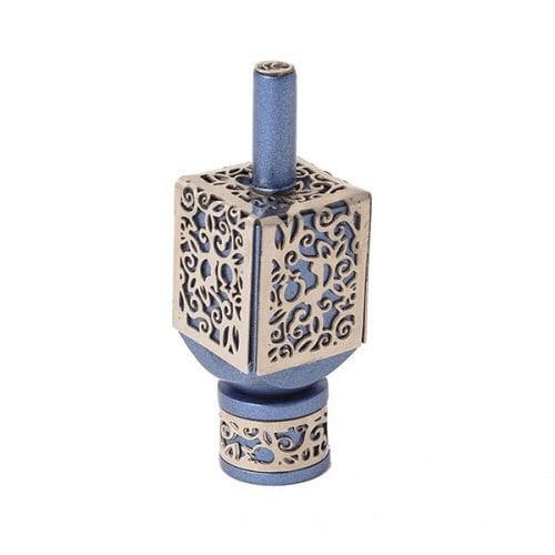 Yair Emanuel Hanukkah Dreidel and Stand, Cutout Pomegranates - Silver on Blue