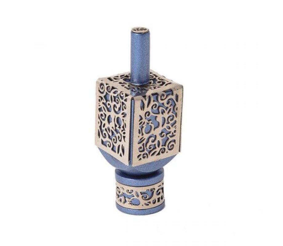 Yair Emanuel Hanukkah Dreidel and Stand, Cutout Pomegranates - Silver on Blue