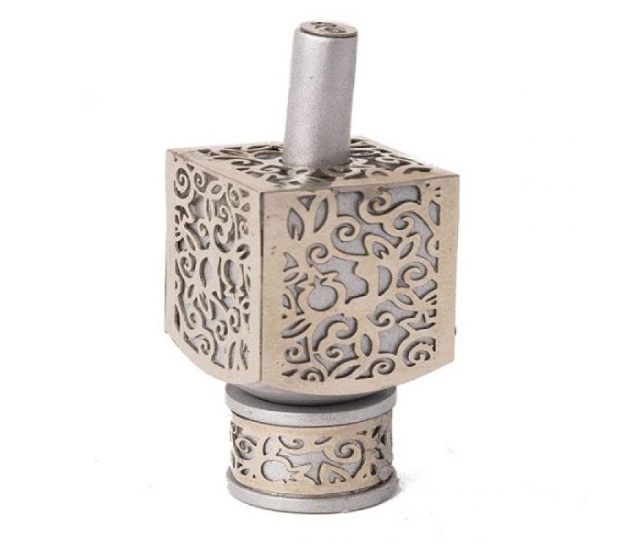 Yair Emanuel Hanukkah Dreidel and Stand, Cutout Pomegranates - Silver on Silver