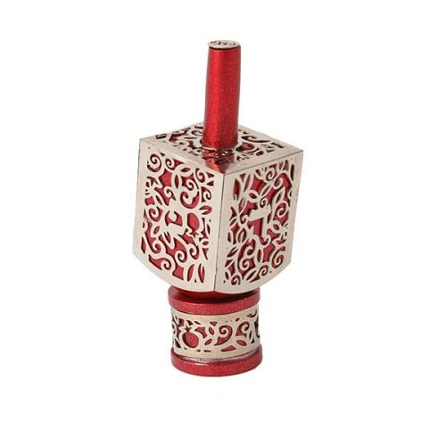 Yair Emanuel Hanukkah Dreidel on Stand, Cutout Pomegranates - Silver on Red