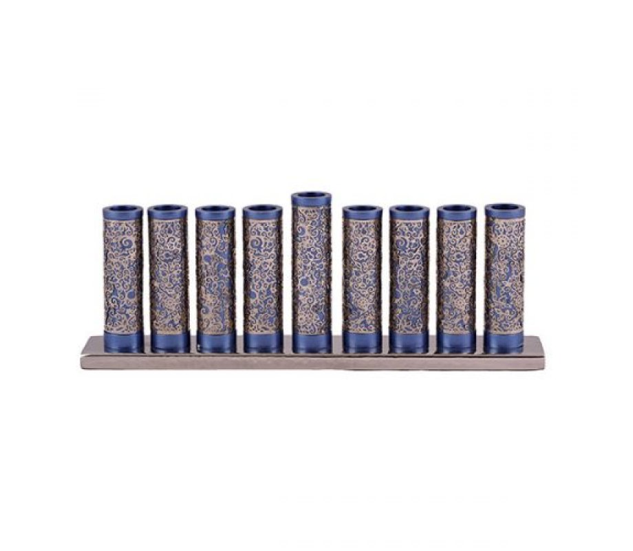 Yair Emanuel Hanukkah Menorah, Cylinders with Pomegranate Cutouts - Blue